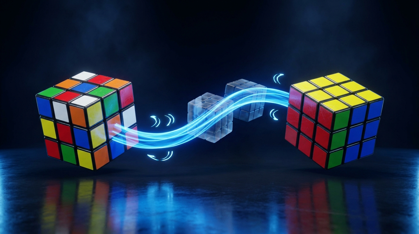 A scrambled cube transforming into a solved one along a ribbon of light