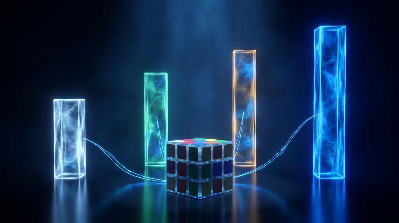 A cube with four rising light bars representing the four CFOP phases