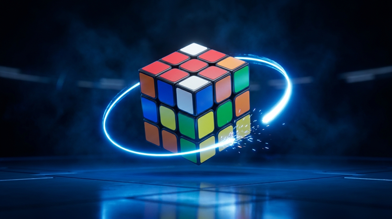A speedcube completing its final turn inside a glowing timing ring